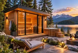 Modern Cedar Sauna with Hot Tub and Lakeside Views